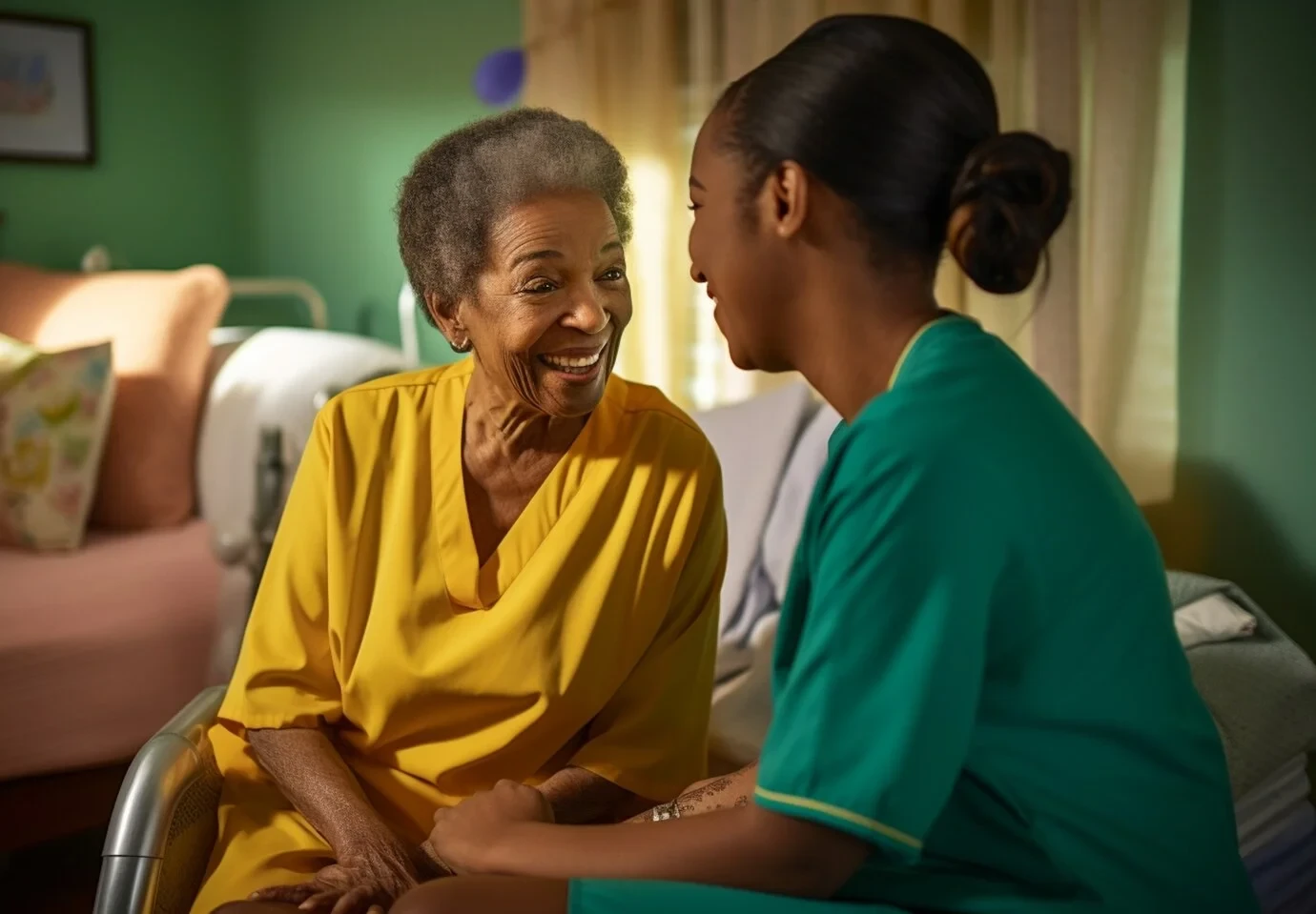 A caregiver sitting and smiling with an elderly woman in a warmly lit room, having a comforting conversation.