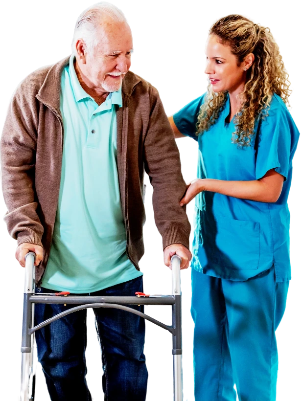 Caregiver offering personalized support to a senior resident at Elite Care Assisted Living Facility in Lakeland, Florida.