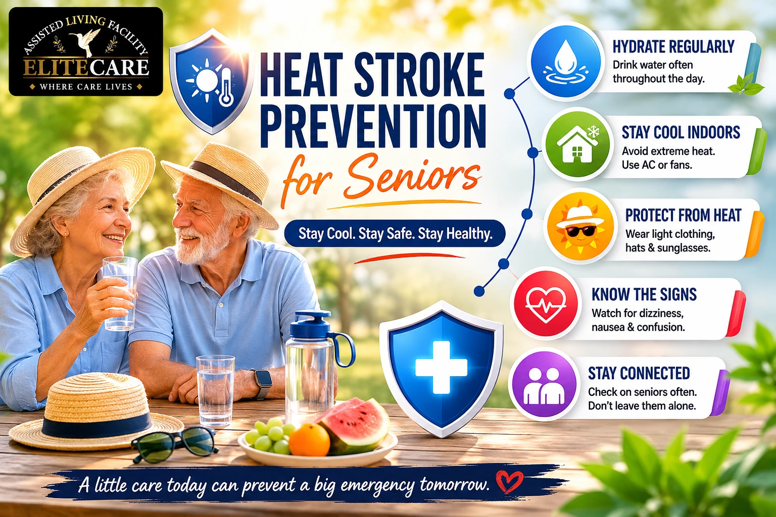 Heat stroke prevention seniors infographic showing hydration cooling and warning signs of heat exhaustion