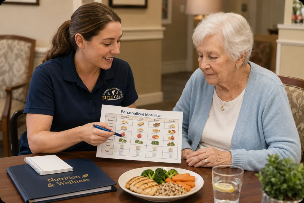 Elite Care dietitian reviewing a personalized meal plan with an assisted living resident in Lakeland, FL.