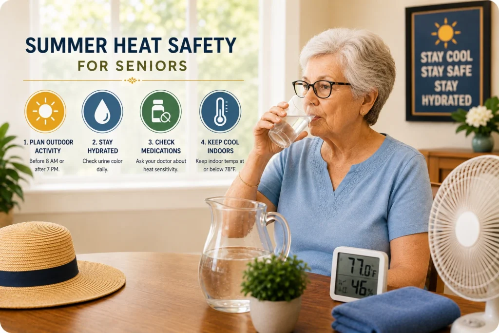 Summer heat safety tips for seniors, including hydration, medication checks, and staying cool indoors