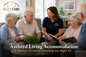 Seniors talking with a caregiver in an assisted living community in Lakeland, FL