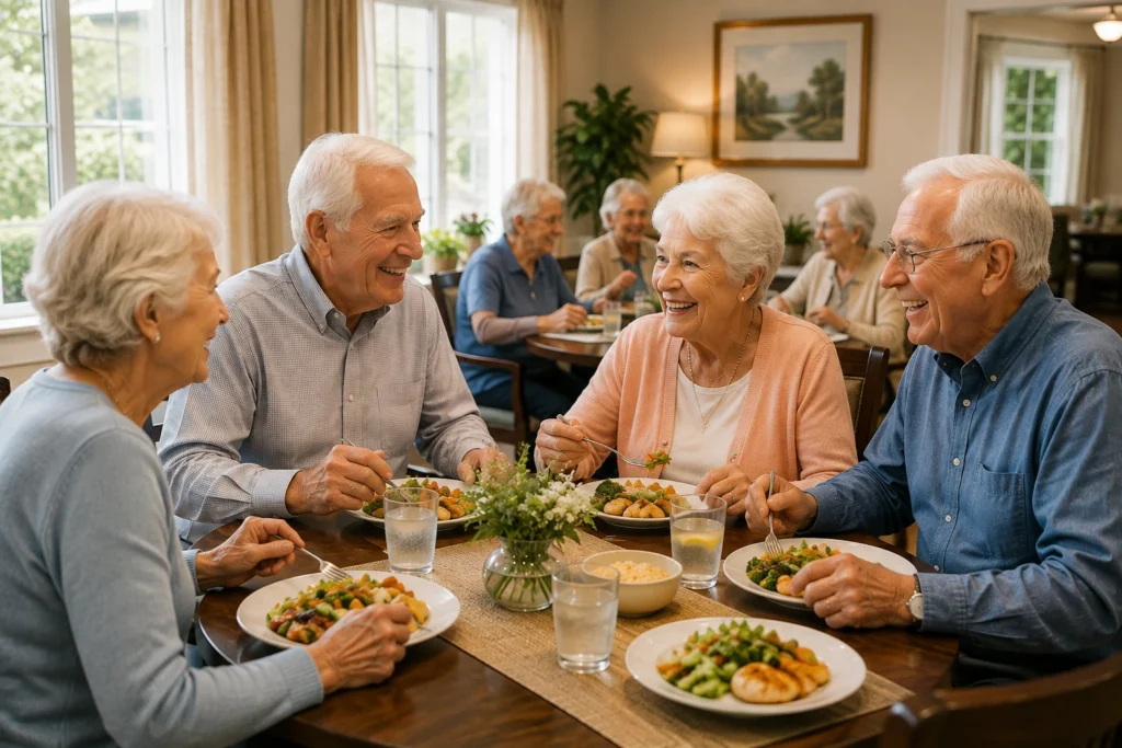 Seniors socializing over a meal in their Living Accommodation dining area