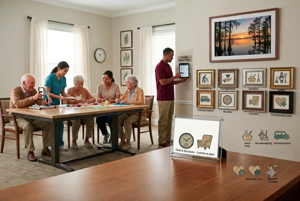 A group of seniors participating in various care-related activities and therapy. In the image, a male staff member uses a tablet, while a female caregiver supports the seniors. A set of framed pictures with icons represent services, including 'Assistance,' 'Compassion,' and 'Nutrition.' Another set of images shows 'Time & Structure,' 'Meal Prep,' and 'Transportation.'