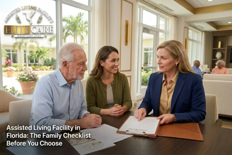 Family reviewing an assisted living facility checklist with a care advisor in Florida