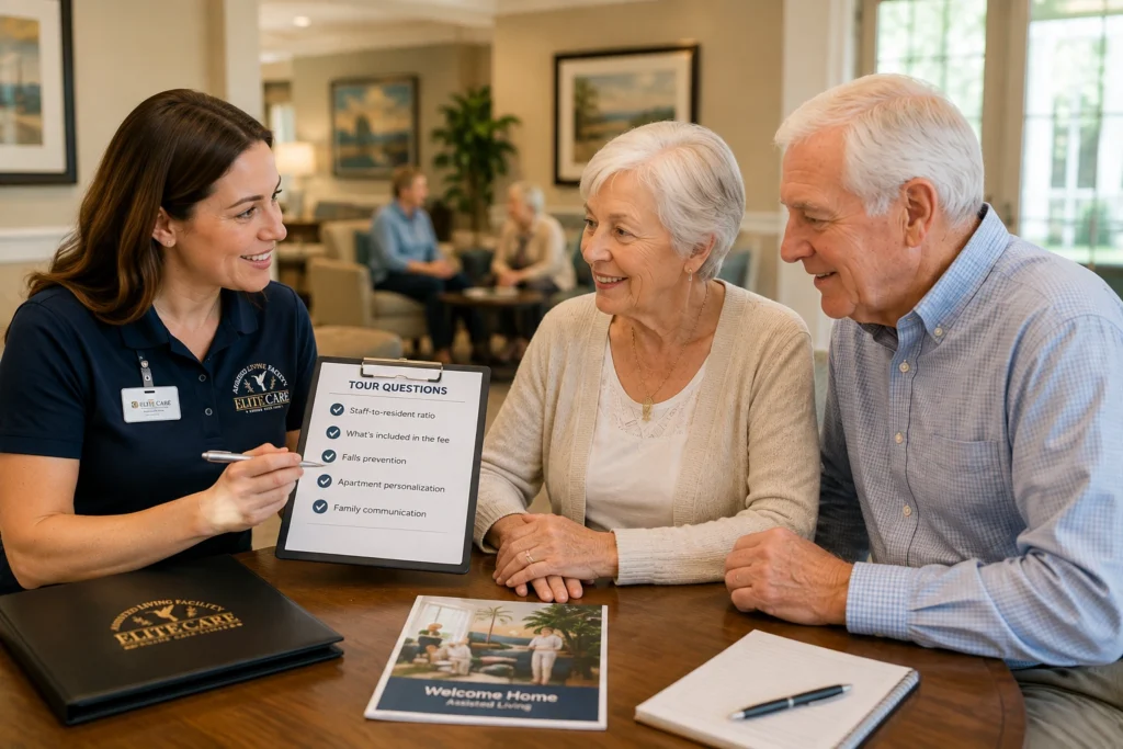 Family discussing key questions with an assisted living staff member during a facility tour