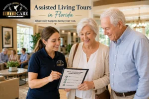 Family and caregiver on an assisted living tour in Florida reviewing a checklist