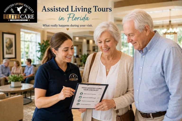 Family and caregiver on an assisted living tour in Florida reviewing a checklist