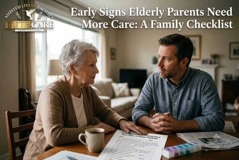 An elderly mother and her adult son sitting together at a wooden table in a brightly lit living room, reviewing a family checklist for elderly care with a pill organizer on the table and the Elite Care logo in the top-left corner.