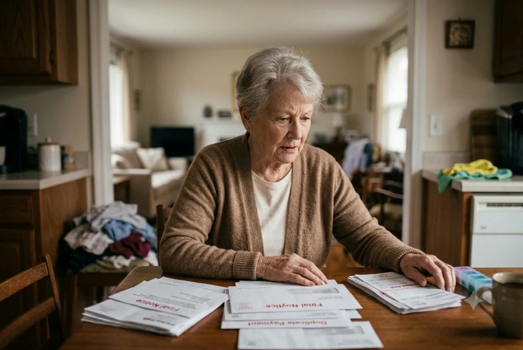 An elderly woman sits at a table with a worried expression, looking down at stacks of paper titled Final Notice" and Checklist. The background shows a messy kitchen and living area, suggesting neglect.