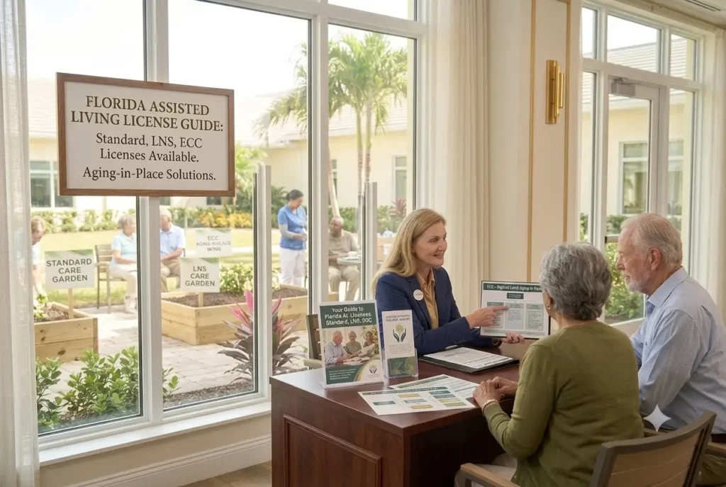 A family consulting with a care advisor in a bright Florida assisted living facility about Standard, LNS, and ECC license types.