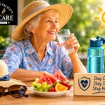 Senior practicing heat stroke prevention by staying hydrated during summer in Lakeland Florida