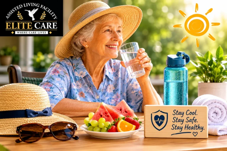 Senior practicing heat stroke prevention by staying hydrated during summer in Lakeland Florida