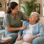Respite care services in Lakeland, FL - caregiver assisting senior resident in a comfortable care home setting