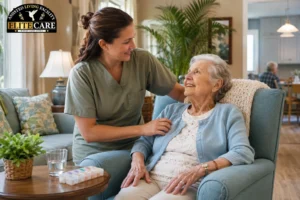 Respite care services in Lakeland, FL - caregiver assisting senior resident in a comfortable care home setting