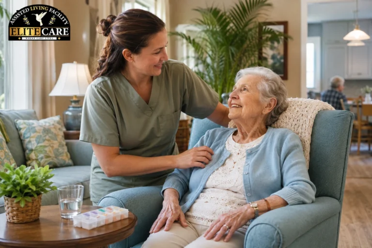Respite care services in Lakeland, FL - caregiver assisting senior resident in a comfortable care home setting