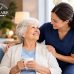 An older woman with a caregiver illustrating independent living vs assisted living in Lakeland, FL.