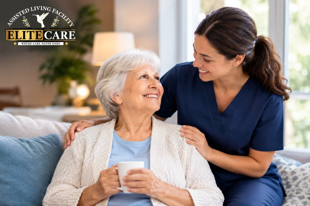 An older woman with a caregiver illustrating independent living vs assisted living in Lakeland, FL.